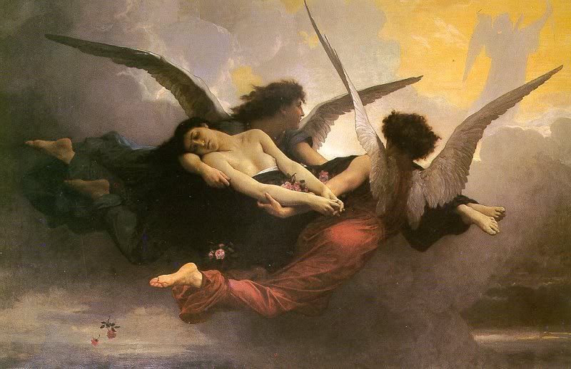 Два ангела — хранитель и «встречный» — несут душу (картина Бугро «Душа на небесах», 1878)