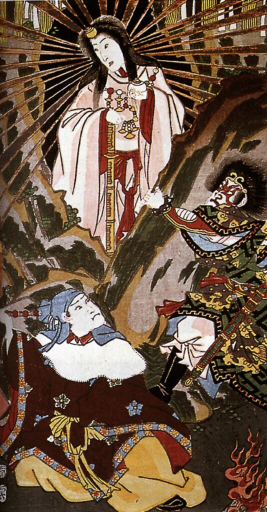 Синтоизм. Богиня Аматэрасу выходит из пещеры Ама-но Ивато; фрагмент гравюры Утагавы Кунисада; 1856 г.