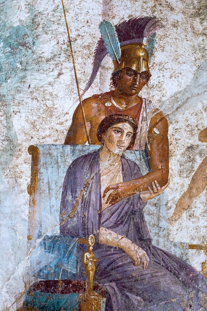 Арес (Марс) и Афродита (Венера), сидящая на троне. Античная фреска из Помпей.