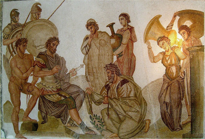Троянская война. Античная мозаика на которой Хрис умоляет Агамемнона освободить его дочь. Неаполь