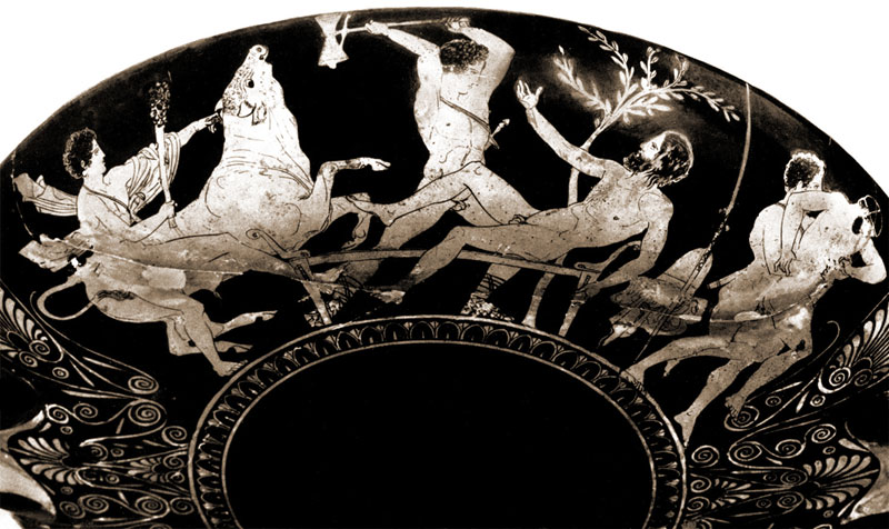 Подвиги Тесея, центральный фрагмент — убийство Прокруста, ок. 420—410 годов до н. э.