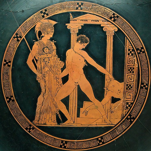 Тесей, убивающий Минотавра, и Афина. Краснофигурный килик, мастер Эсон  (англ.) (рус., 425—410 годы до н. э. Национальный археологический музей, Мадрид