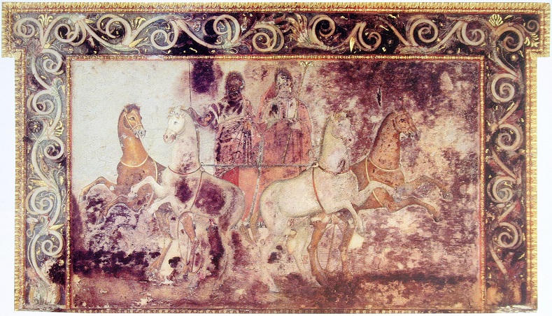 Аид и Персефона, едущие на колеснице. Фреска из гробницы македонской царицы Эвридики I в Вергине, Греция, 4 век до н. э.