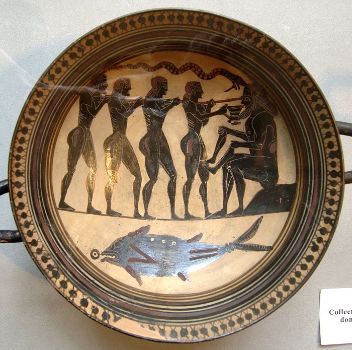Одиссей и его спутники прокалывают глаз циклопу Полифему. Чёрнофигурная роспись, 565—560 годы до н. э.