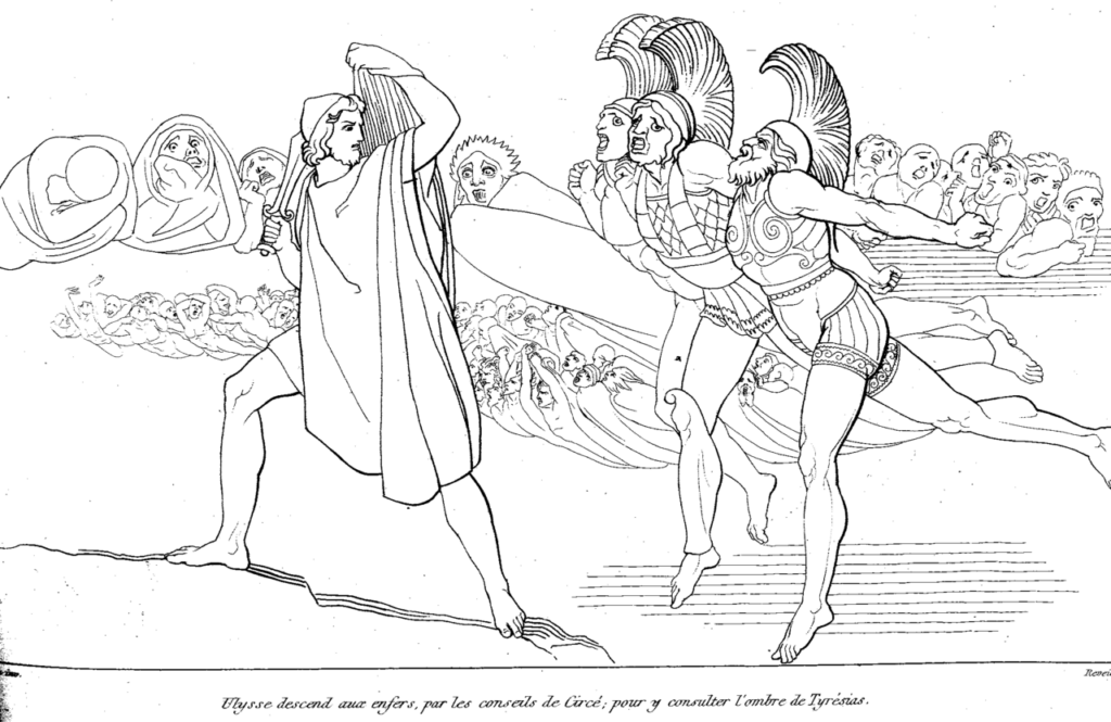 Одиссей спускается в подземный мир. Рисунок Джона Флаксмана, 1810 год