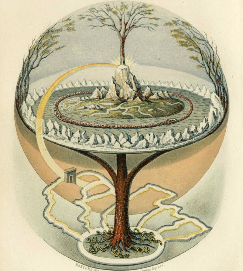 Иггдрасиль — мировое дерево в германо-скандинавской мифологии. Иллюстрация из английского перевода Младшей Эдды, 1847 г.