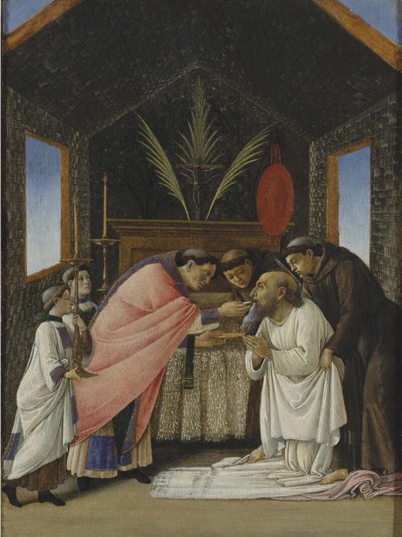 Картина, изображающее таинство в католической церкви: Последнее причащение святого Иеронима. Художник Сандро Боттичелли