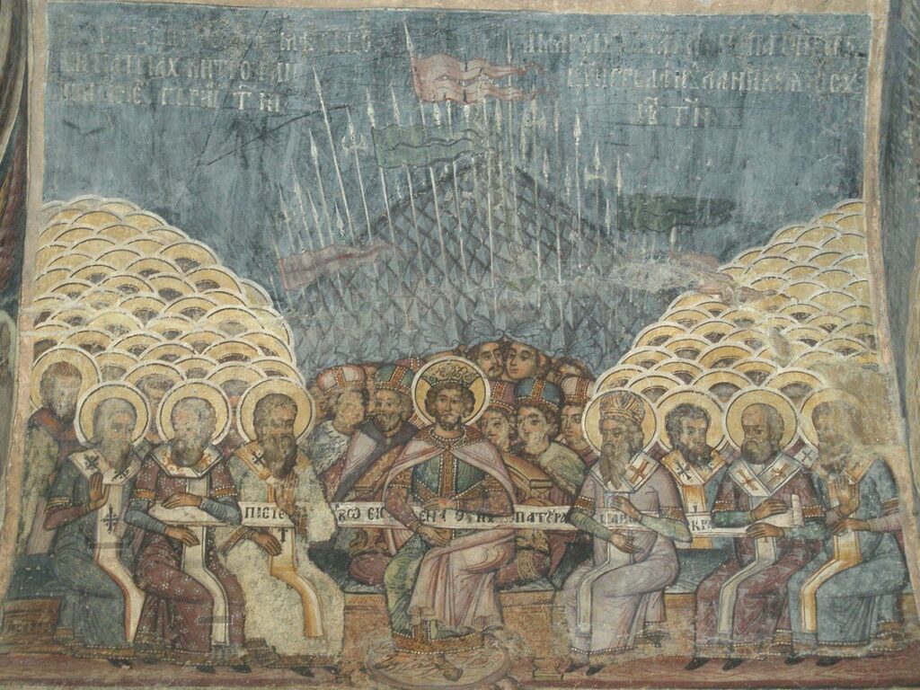 Католицизм. Первый Никейский собор. Фреска, XVIII век. Бухарестский Ставропольский монастырь, Румыния