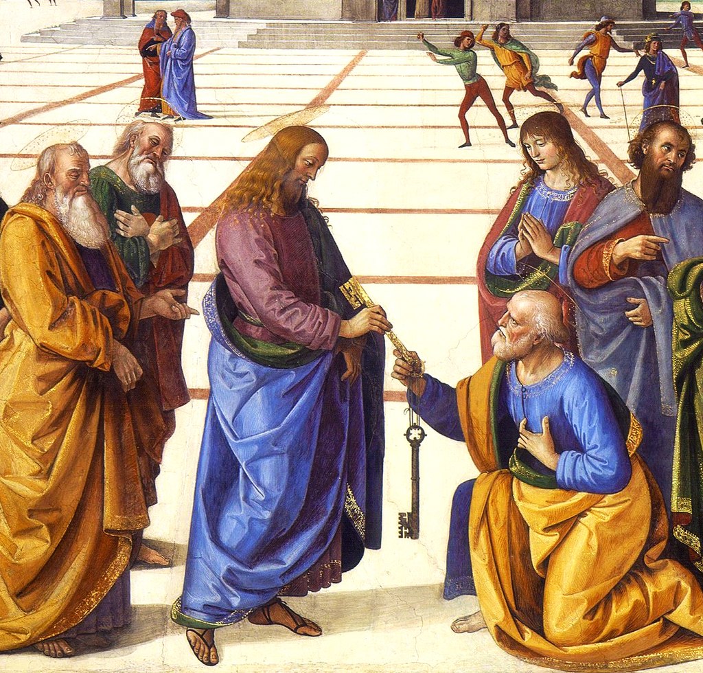 В соответствии с католическим учением, папы являются преемниками Святого Петра (на коленях, справа)