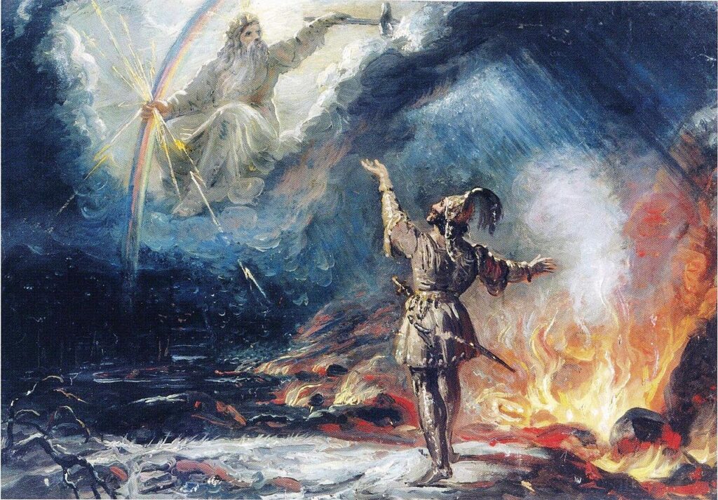 Вильгельм Экман Лемминкяйнен на огненном озере (1867) просит помощи громовержца Укко