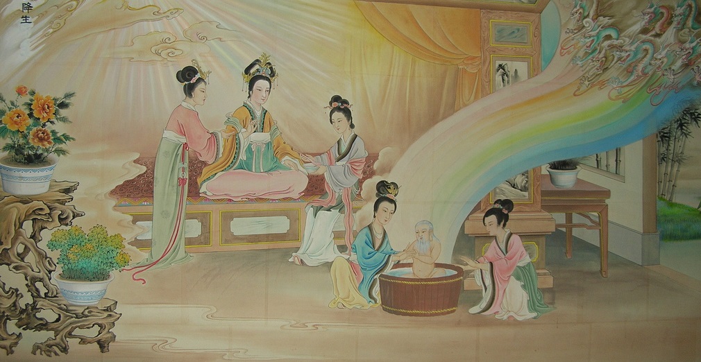 Рождение Лао-цзы, деталь настенной живописи в храме Зелёного Козла в Чэнду, Сычуань
